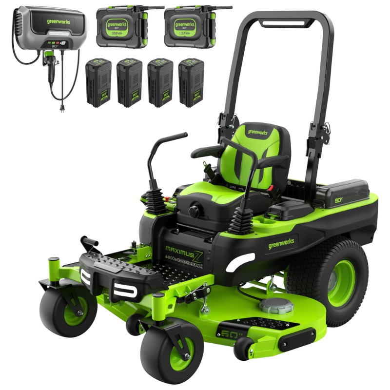 1 Greenworks 60in 80V 41HP Equivalent Riding Lawn Mower 5.12 Acre Rear Dump Bed with (2) 16.0Ah + (4) 8.0Ah Batteries & Turbo Charger - Image 1