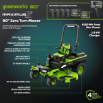 Greenworks 60in 80V 41HP Equivalent Riding Lawn Mower 5.12 Acre Rear Dump Bed with (2) 16.0Ah + (4) 8.0Ah Batteries & Turbo Charger - Image 2