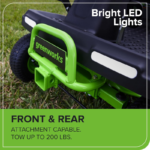 Greenworks 30in 60V 16HP Equivalent Riding Lawn Mower 1.25 Acre Tow Capacity 200 lbs with (4) 8.0Ah Batteries & Turbo Charger - Image 8