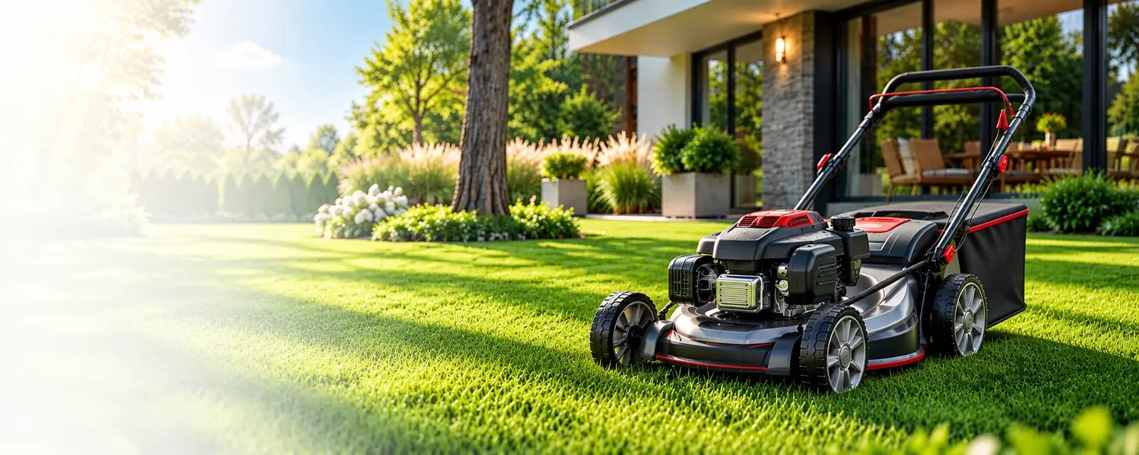 Walk-behind lawn mower on a green lawn